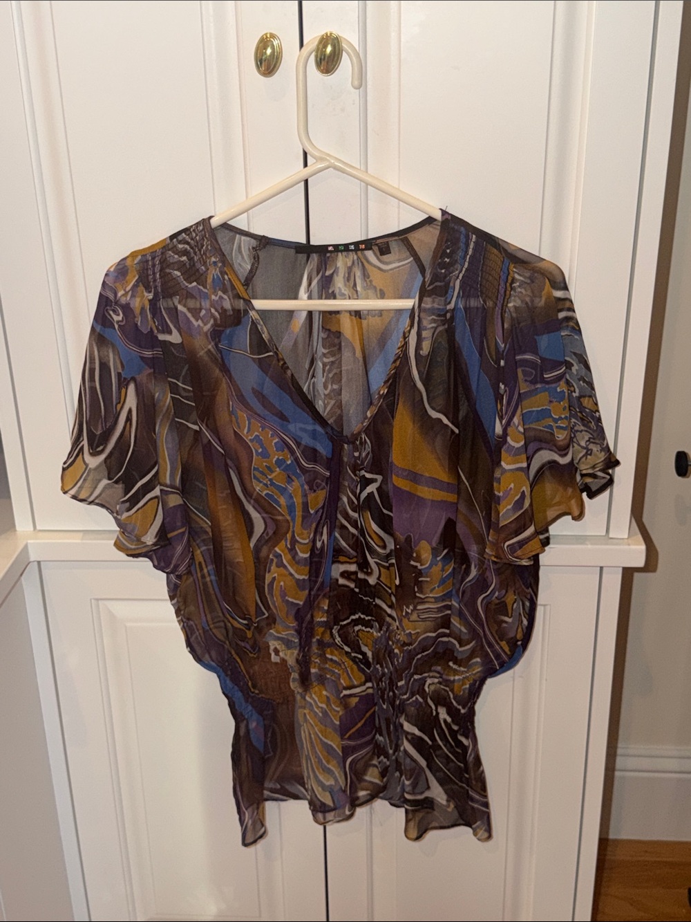 Semi-Sheer Abstract Print V-Neck Flutter Sleeve Blouse - Brown/Blue/Purple/Cream